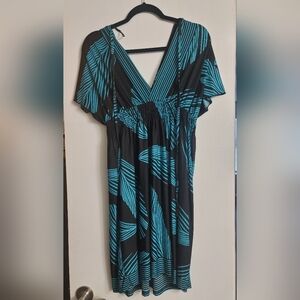 Valleygirl Black and Teal Striped V-Neck Dress